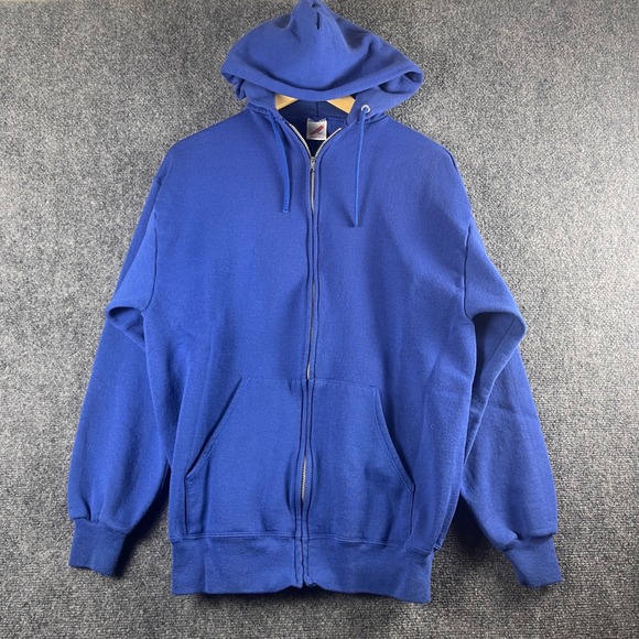 Vintage Jerzees Full Zip Hoodie Sweatshirt Mens Large Blue USA Made - Picture 1 of 6